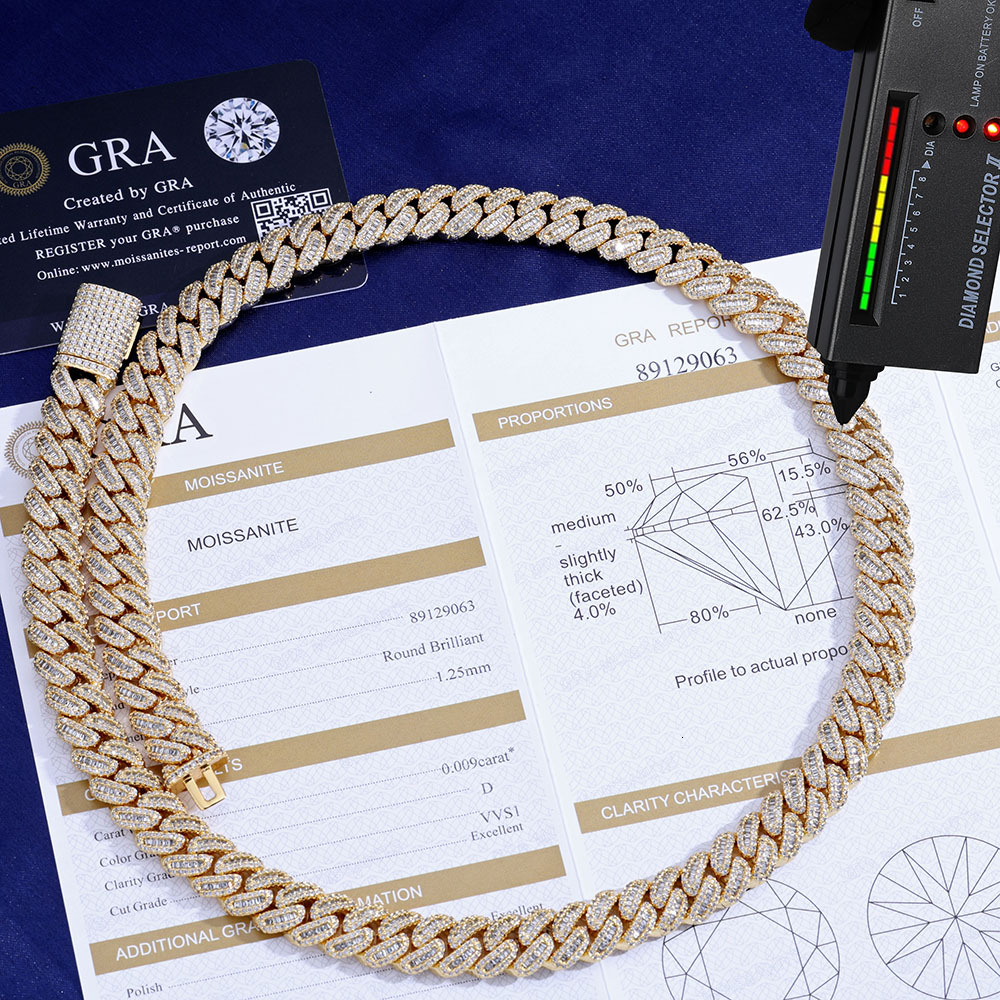 ESKEEM New 12mm VVS Moissanite Cuban Link Chain 925 Sterling Silver VVS Diamond Bling Iced Out Women Two Stone Necklace