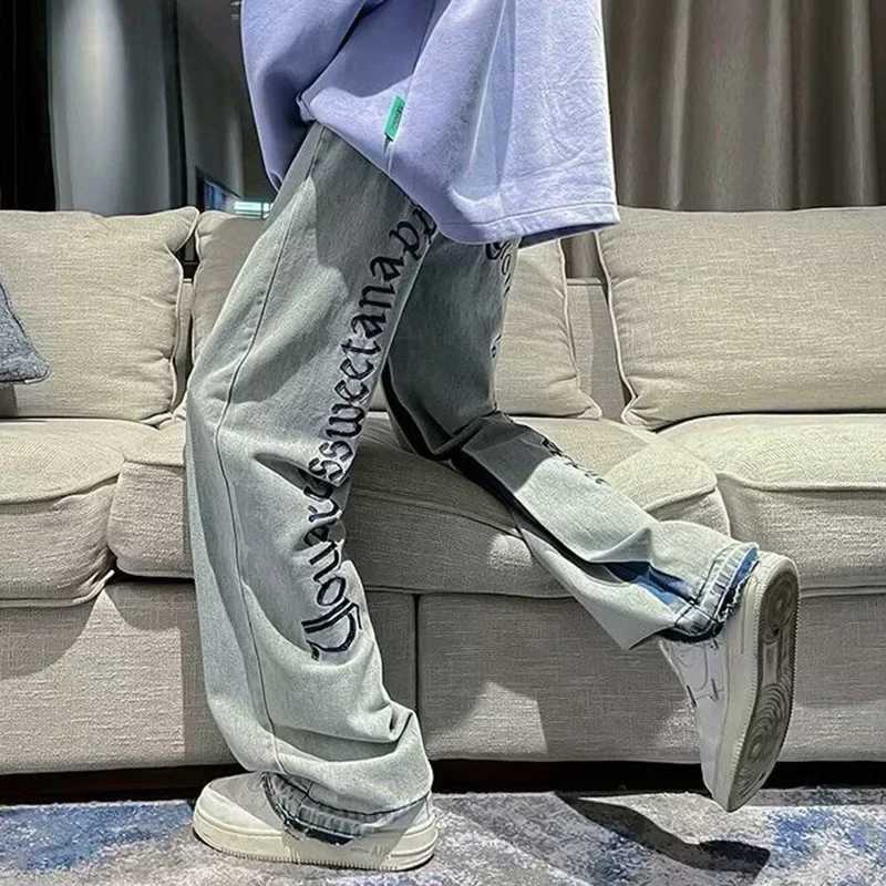 Mens Brand Retro Streetwear Trousers Male Fashion Hip-hop Chic Casual Loose Straight Pants Goth Punk Letter Print Baggy JeansT250319