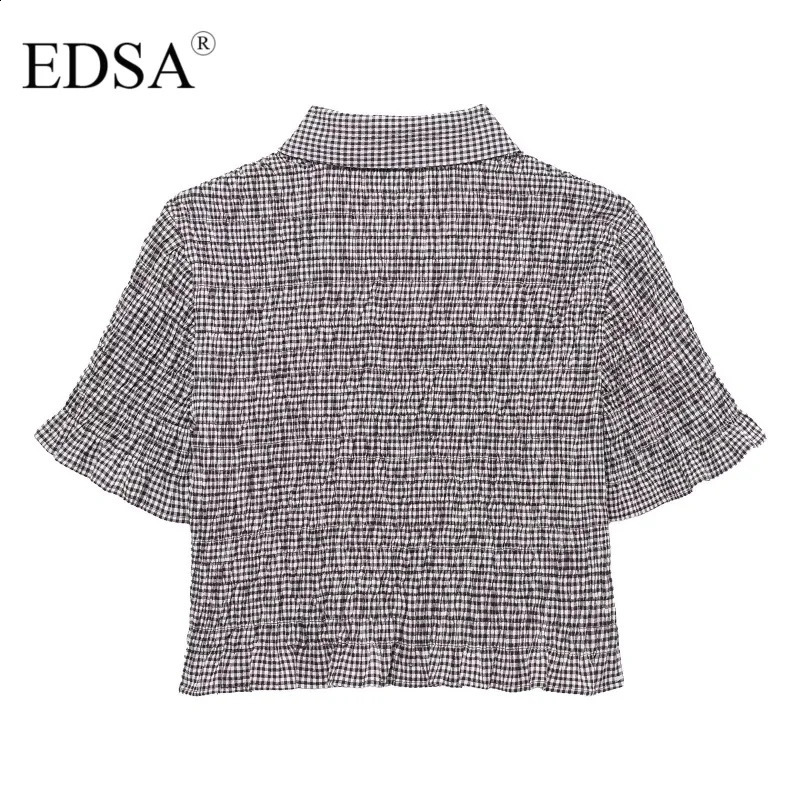 EDSA Womens Cutting Ginkgo Blouse Short Sleeve Ruffle Decorative Button Front Casual Collar Top 250319