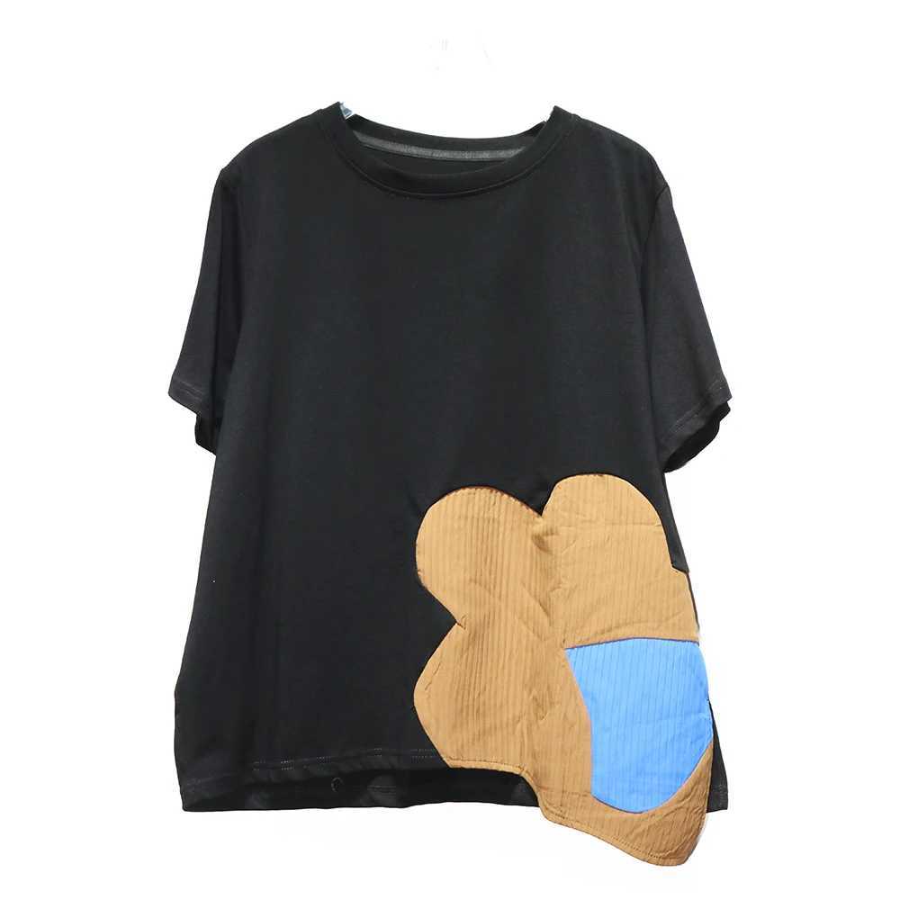 250207 irregular patch work contrasting color T-shirt casual O-neck short sleeved personalized loose fit suitable for summer womens T-shirtT250320