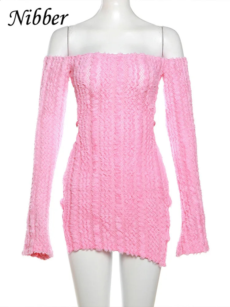 Nebo fluffy knitted elegant dress for women sexy boat neck without back tight fitting womens street clothing midnight vest 250319