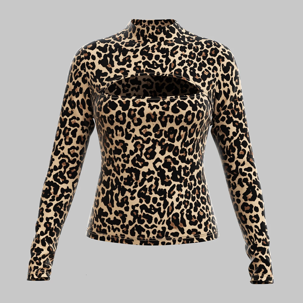 Mia Muse Womens T-Shirts All Season French Sexy Cut-Out Leopard Print Long Sleeve Crew Neck Fashion T-Shirts 250320