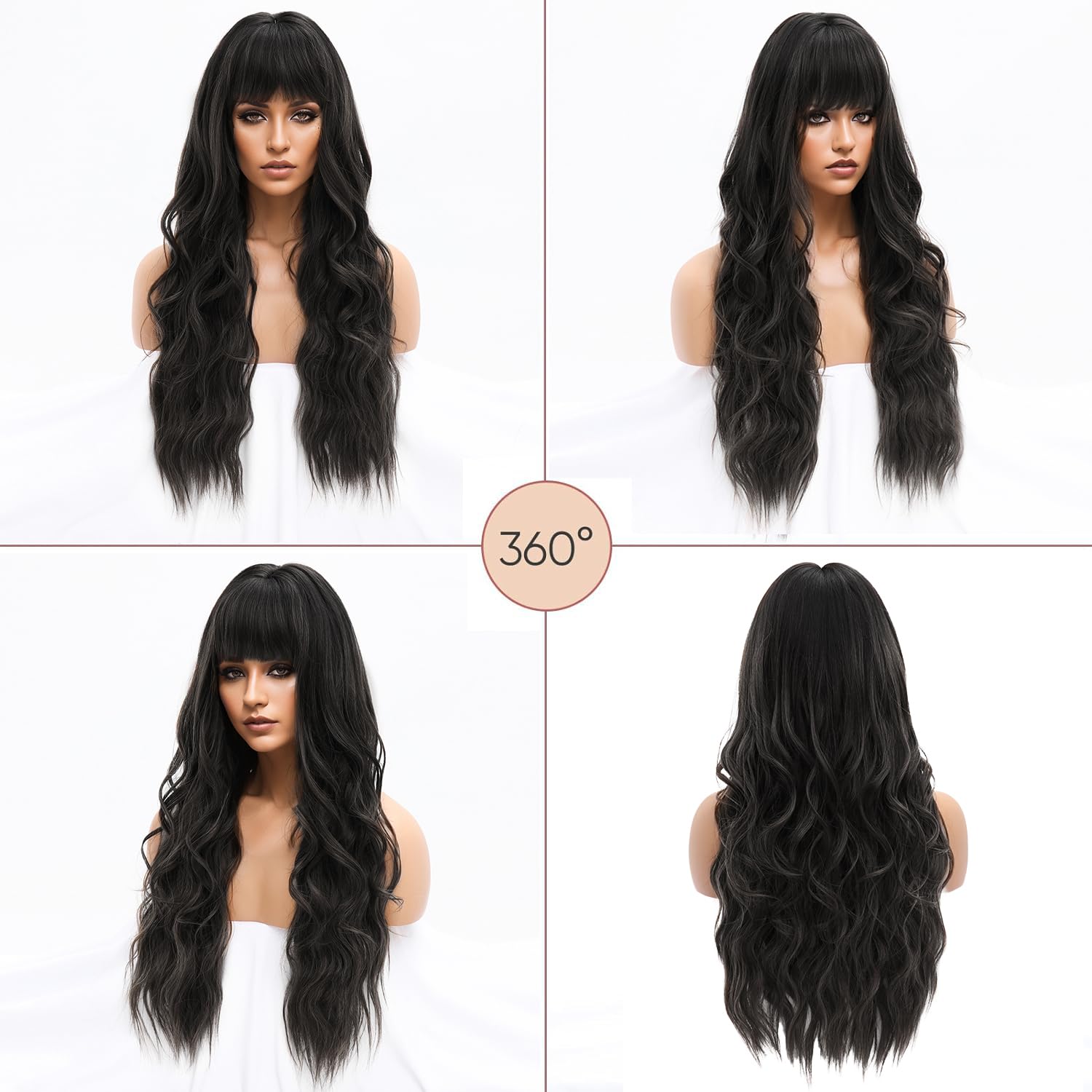 Long Black Wig for Women 1B Wavy Wig with Bangs Natural Looking Synthetic Hair Wigs for Daily Party Use