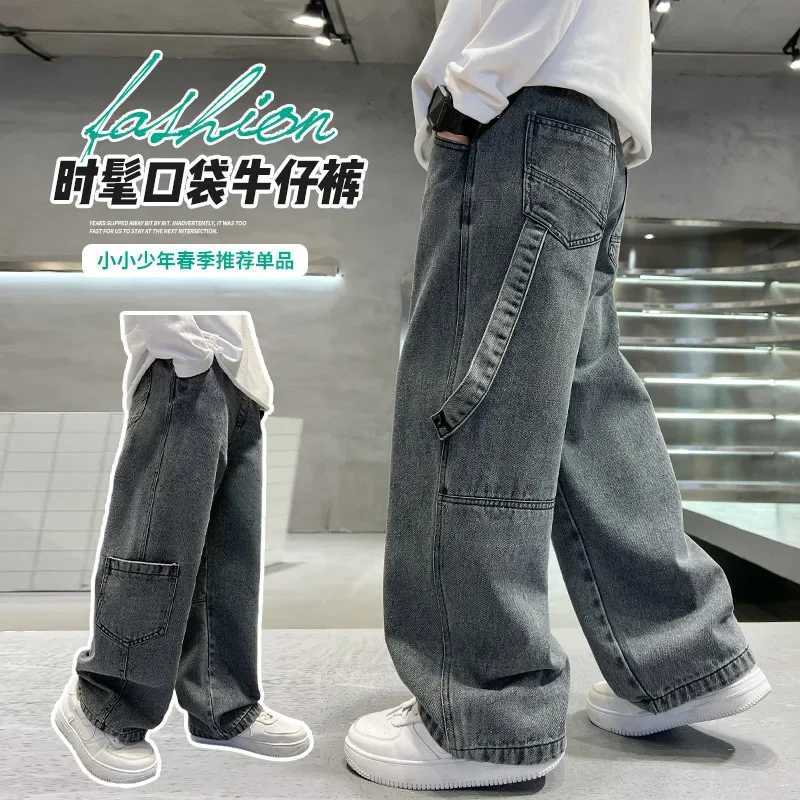 Teenage boys freight jeans Spring and Autumn new style childrens wide leg jeans with loose pockets TrouserT250326