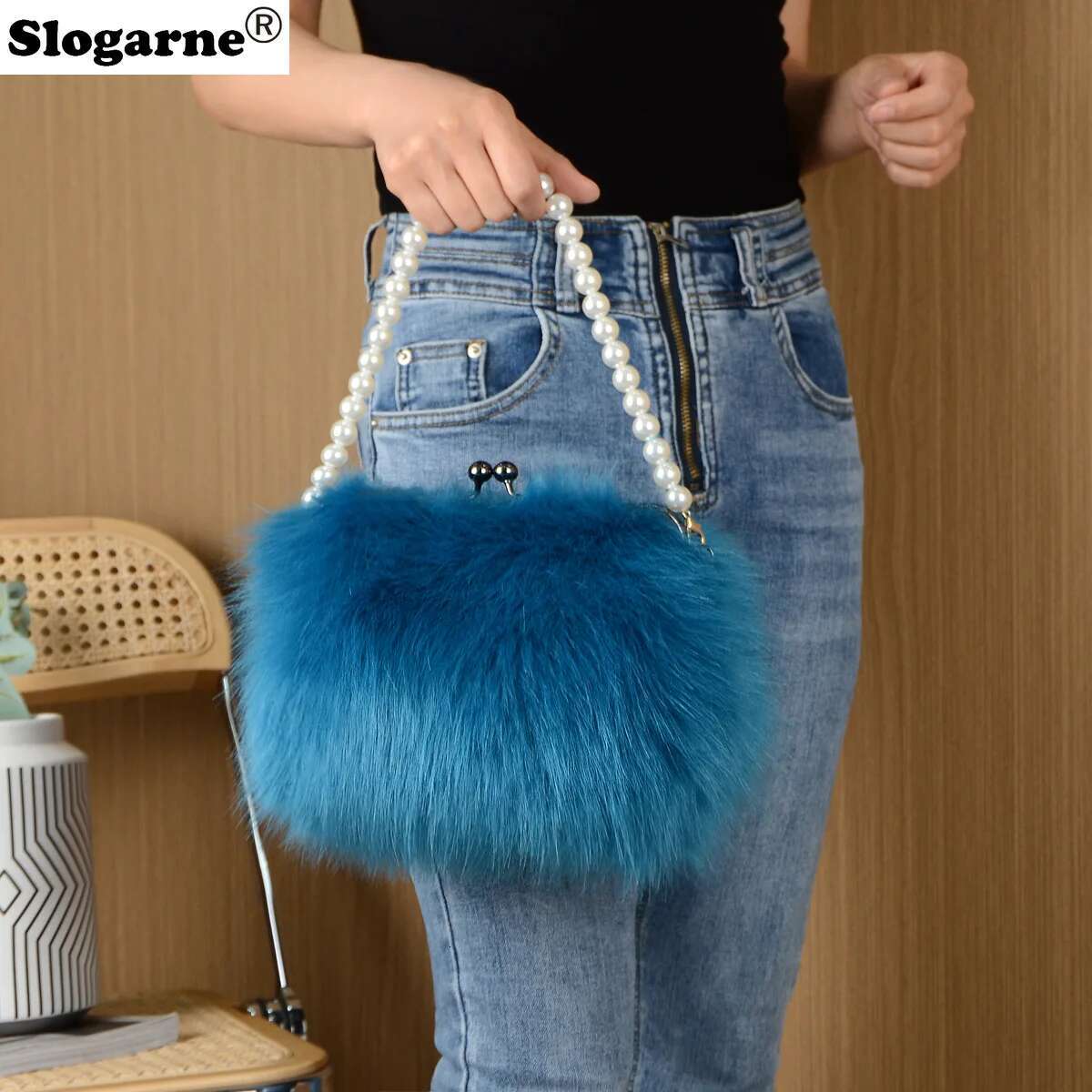 Women's Winter Faux Top Candy Color Pearl Handle Ladies Fox Fur Handbag Female Small Fluffy Clutch Evening Bags