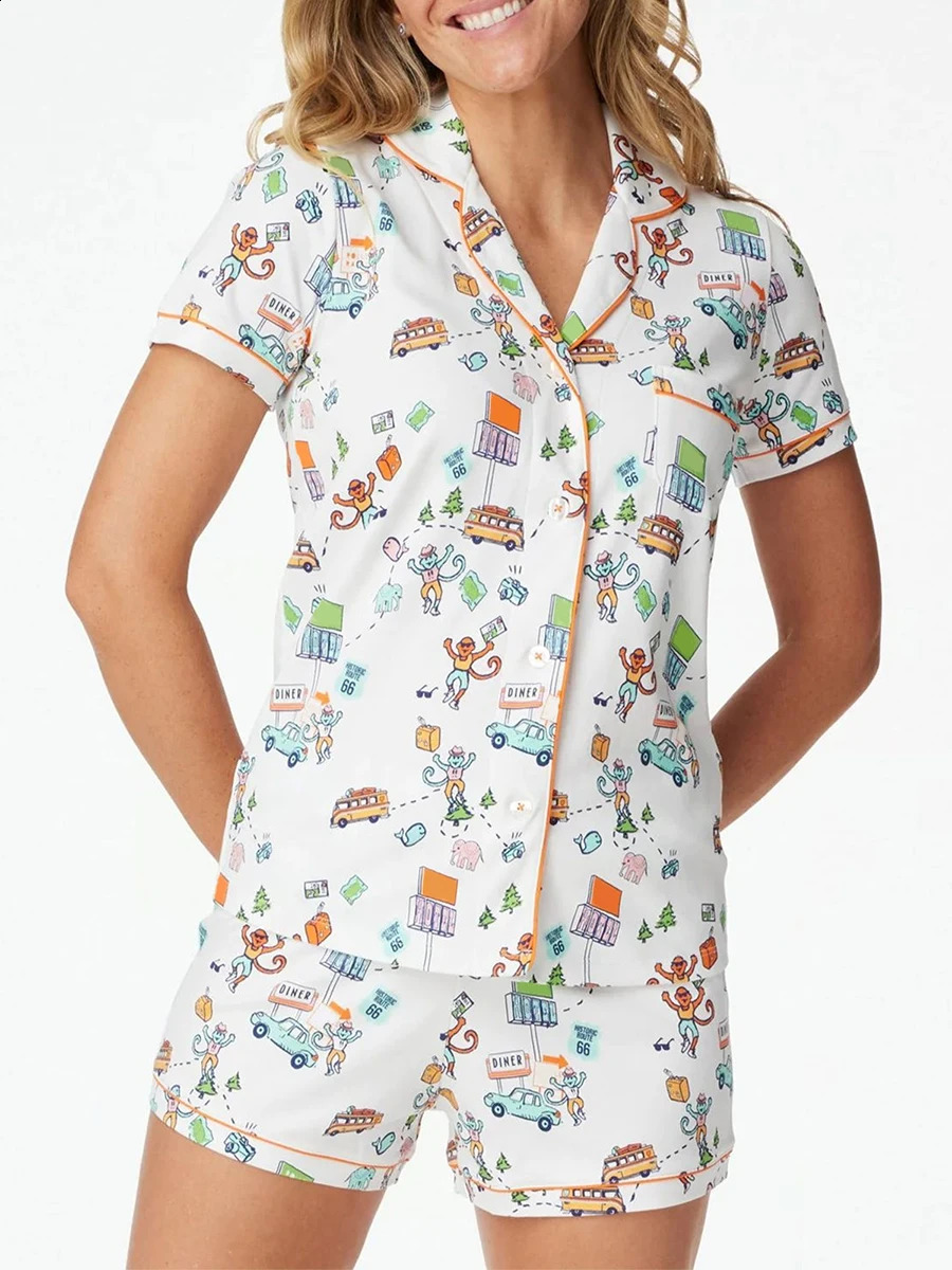 Women Pajama Set 2 Piece Set Monkey Cartoon Print Short Sleeve Button Closure T-Shirt Shorts Home Sleepwear Matching Outfits 250319