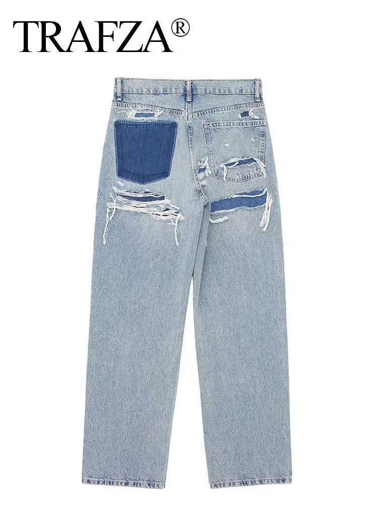 TRAFZA Womens Jeans 2024 Denim Solid Loose Zipper Flying Womens Hole Trouser Pocket Wild Basic Commuter Womens Wide Leg PantsT250319
