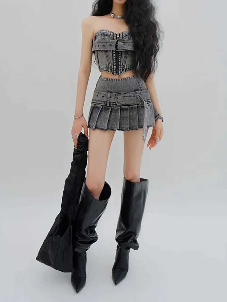 DEAT Womens Cowboy Skirt High Waist Wide Band Washed Grey Spliced Zipper Wrinkled Mini Skirt Spring 2025 New 11A0129XJ250320