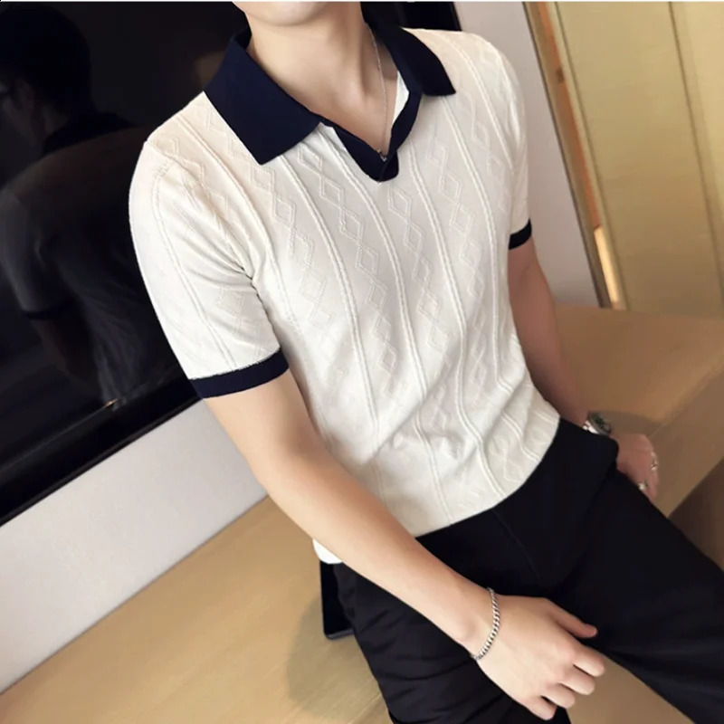 Summer Stripe Jacquard Short Sleeved Knitted Polo Shirt Mens V-neck Contrast Color Slim Fit Casual Business Tee shirt Tops 3XL 250317