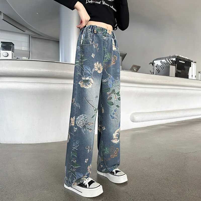 New Fashion Girls Jeans Childrens Denim Wide Leg Pants Flower Pattern Korean Youth Casual Trouser Girls Clothing Hot SellingT250326