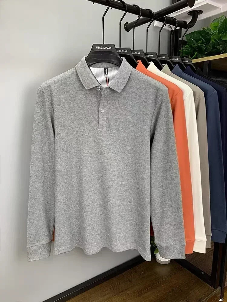 Heavyweight pure cotton high-end Polo shirt mens spring and autumn long sleeved T-shirt solid color top 250319