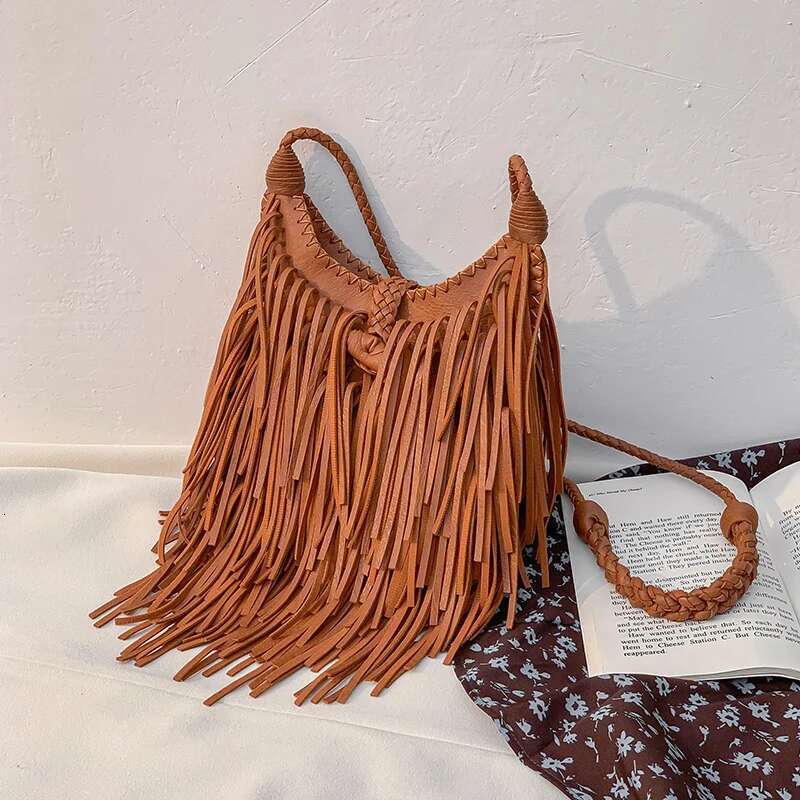 Double-Sided Tassel Design Women Crossbody Bags Vintage Soft PU Leather Female Shoulder Bag Manual Weave Messenger Sg Bag