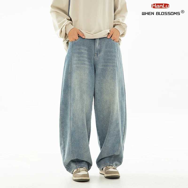 Hanlu 2025 Spring New Mens retro washed oversized jeans separating structural curves from trend brands and loose fashion TrousersT250319