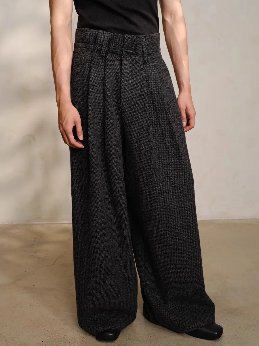 Mauroiardi Spring Autumn Long Loose casual bags Flowy soft pleated wide leg wool pants mens y ner Emo clothing 250317