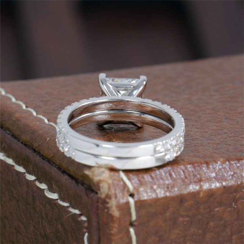 Jewelry 14K White Solid Gold Princess Cut 2.0 Carat Lab Diamond Engagement Ring Set Real Gold Ring Eternity Band For Wedding Gift