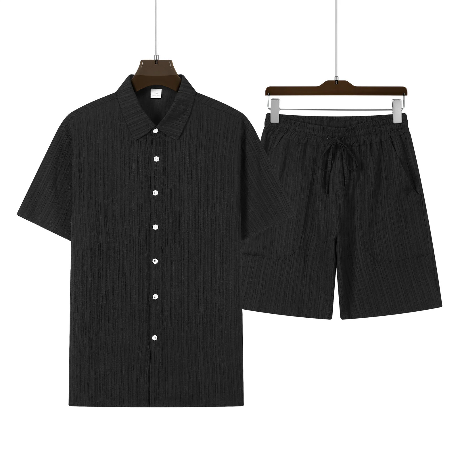 Mens shirt suit solid color striped short-sleeved casual shirt oversized beach shorts summer street wear 250319
