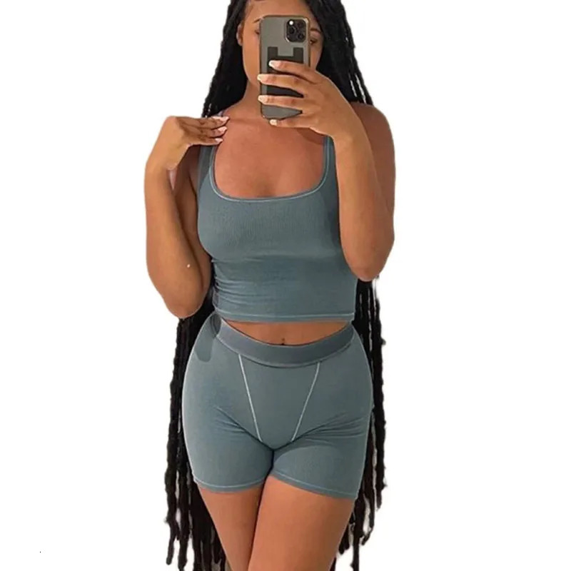 Casual Workout Sets 2 Piece Outfits for Women Ribbed Crop Tank Top High Waist Yoga Shorts Lounge Wear Tracksuit 250320