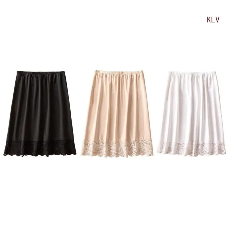 Women Knee Length Half Slip Underskirt Elastic Waist Solid Color Lace Trim Petticoat Basic Half Skirt for Under Dresses 250320