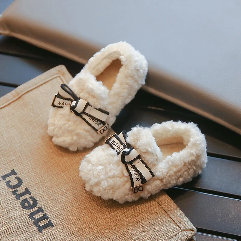 Children Winter Loafers Bowtie Fleece Leisure Slip-on Kids Flat Shoes Warm Round Toe Fashion Three Colors Girls Shoe 21-36 250319