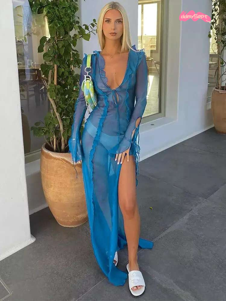 Summer Beach Women Elegant Bandage Ruffles Slim Maxi 2022 New Sexy Blue Long Sleeve Evening Party Dress Club Outfits ddmySept