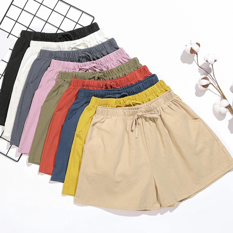 Cotton And Linen Shorts Lace-up Elastic Waist Loose Sports and Short Wide Leg Pants Pockets Women Clothing Casual Solid Thin 250320