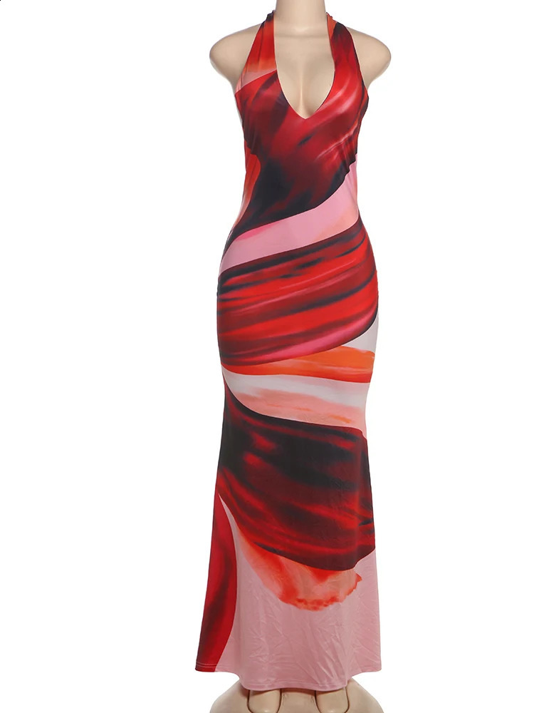 Weird Puss Deep V-Neck Women Long Dress Colorful Print Sexy Backless Sleeveless Lace-Up Elegant Birthday Banquet Party Bodycon 250319