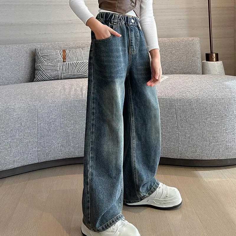 Girl Pocket Bow Embroidery Jeans New Teenage Children Wide Leg Denim Pants for Kids Loose Trousers Spring Autumn 4-14 YearsT250326