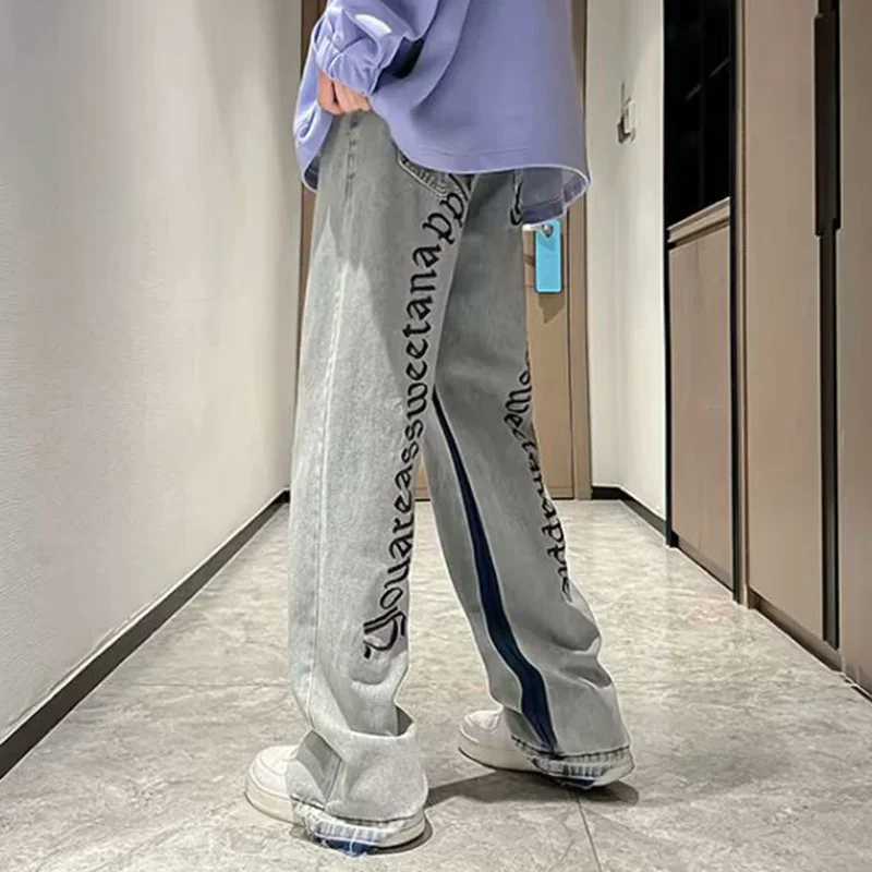 Mens Brand Retro Streetwear Trousers Male Fashion Hip-hop Chic Casual Loose Straight Pants Goth Punk Letter Print Baggy JeansT250319