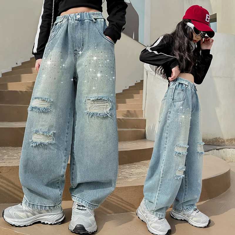 Girls torn denim wide leg pants childrens jeans girls high waisted loose casual style childrens clothing spring and autumn TrouthersT250326