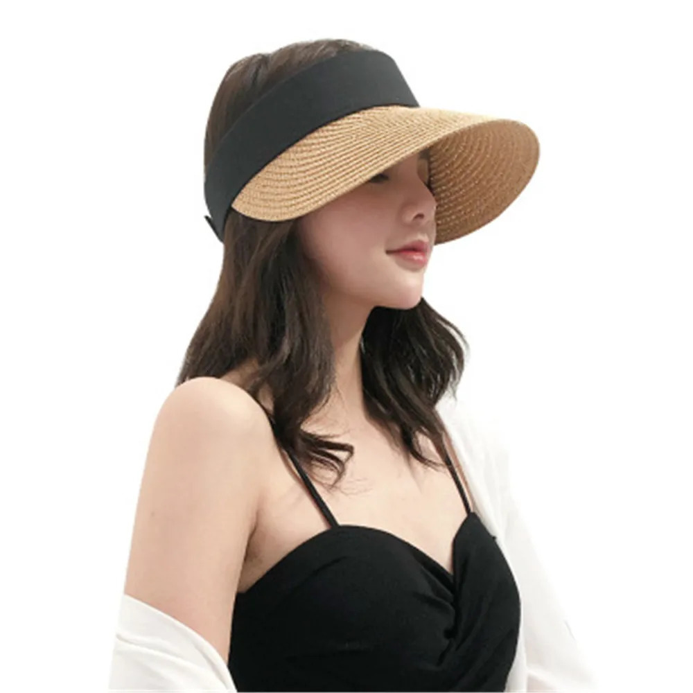 Foldable Portable Beach Hat Wide Brim Sun Hat Roll-up Summer Casual Straw Cap Visors For Women 250320