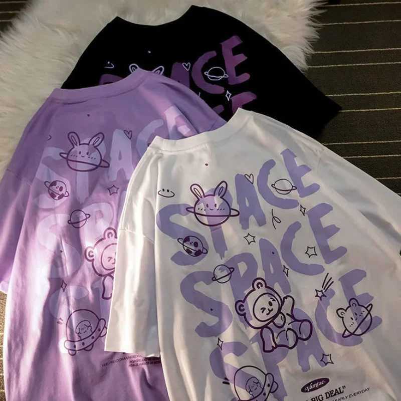 Womens T-shirt bear graffiti short sleeved space print oversized T-shirt loose summer retro Harajuku style couple shirt topT250320