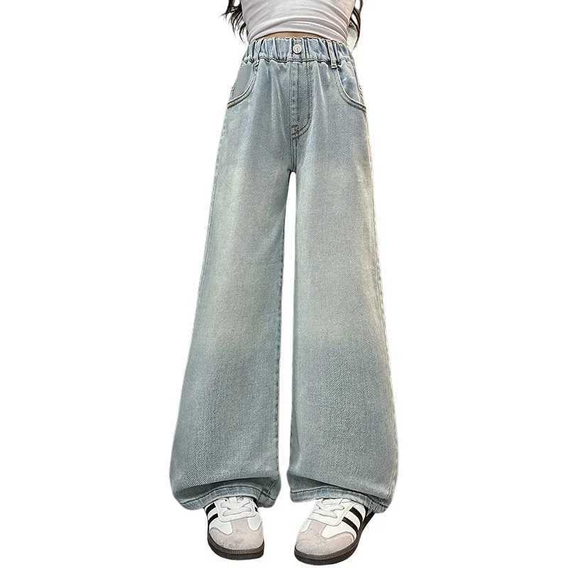 Kids High Waisted Washed Jeans Classic Trendy Street Straight Denim Pants For Girls Simple Style Jeans Trousers For Teens ChildT250326