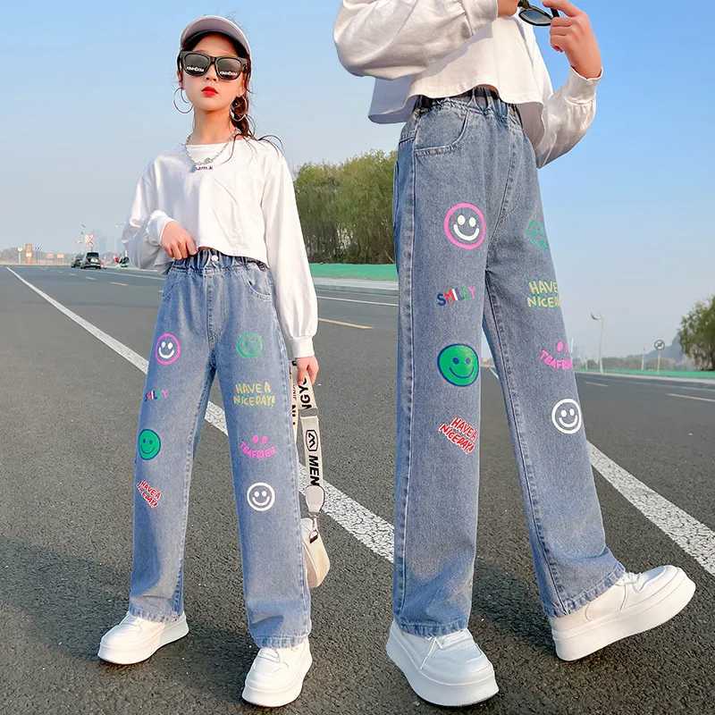 New Girls Jeans Wide Leg pants Straight Cotton Children Ripped Jeans Loose Denim Trousers Fashion Kid Big Girls ClothingT250326