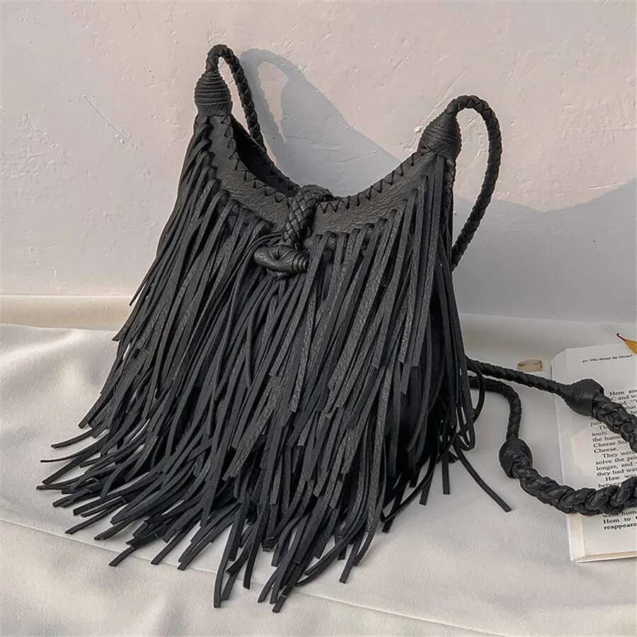Double-Sided Tassel Design Women Crossbody Bags Vintage Soft PU Leather Female Shoulder Bag Manual Weave Messenger Sg Bag