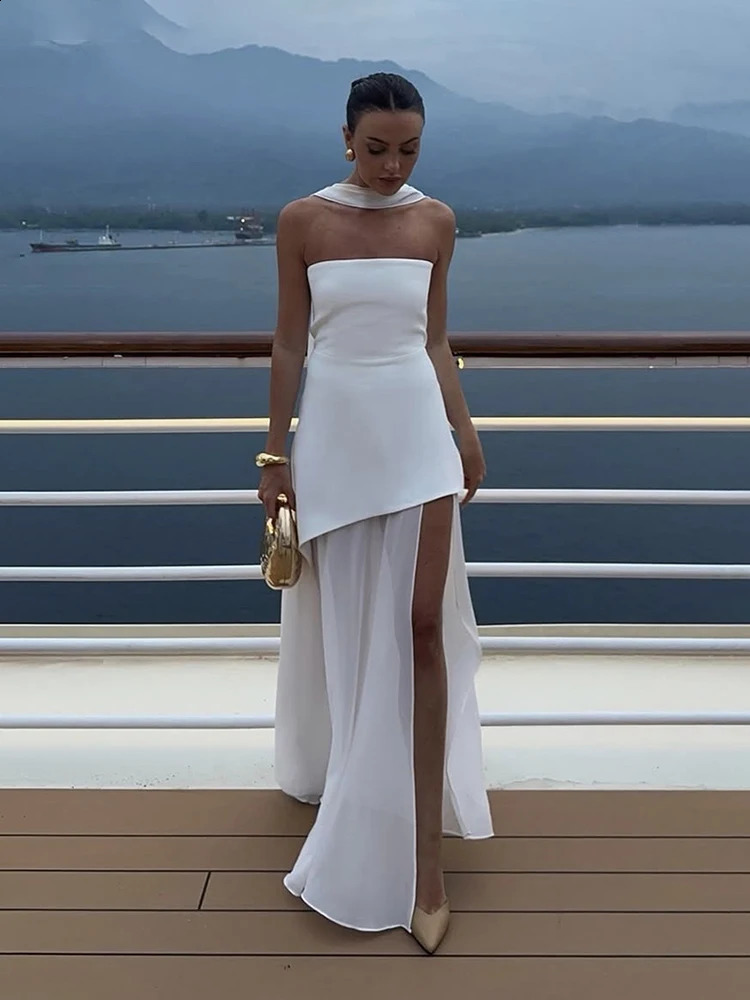 TARUXY Fashion Strapless Dress With Ribbon Female Elegant Sleeveless Mesh Beach Vacation Long Dress Spring Women Dress 250319