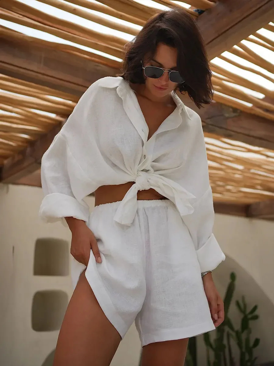 Bornladies Casual Shorts Sets 100% Cotton 2 Pieces Cozy Lapel Lantern Sleeve Shirt Summer Outfit Elastic Waist Shorts Suits 250318