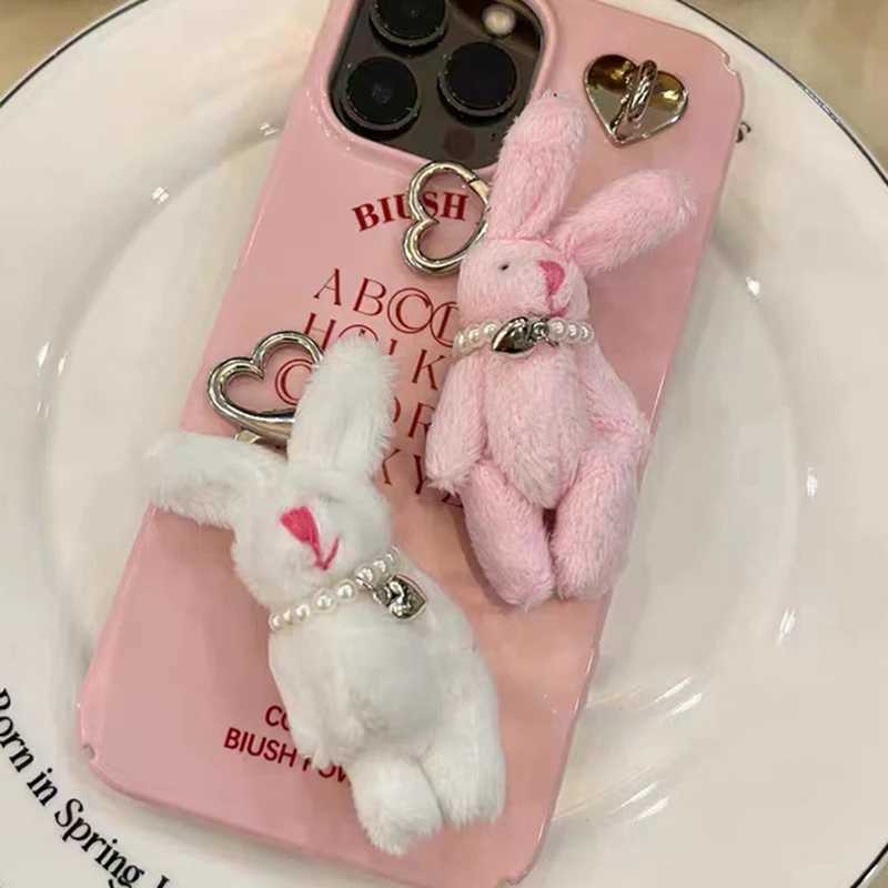 Y2K Handmade Pink Rabbit Keychain Love Heart Beaded Key Ring Plush Doll Backpack Pendant Lobster Clasp Buckle Key Chains GiftsXJ250319