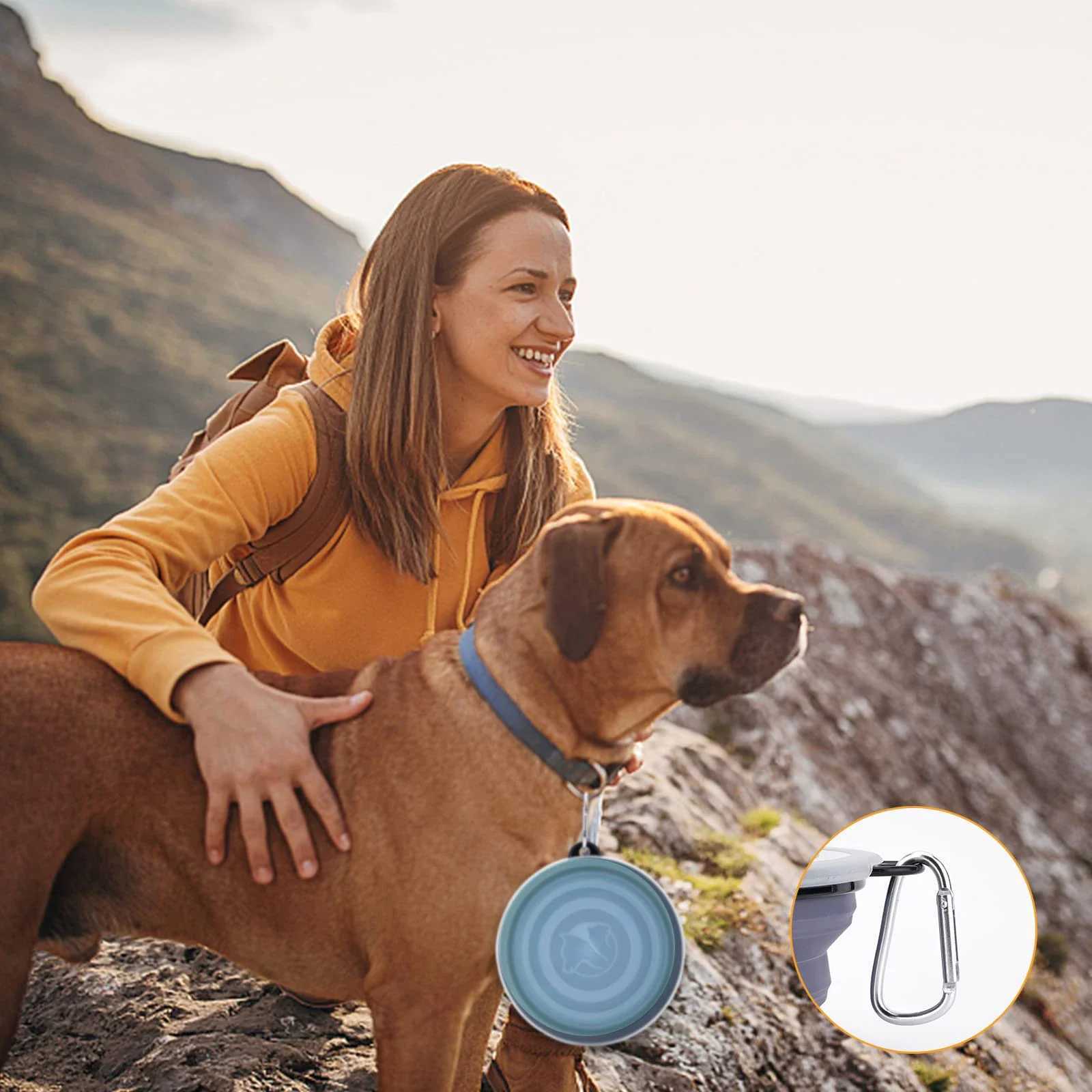 Foldable silicone dog food basin with bowl lips suitable for outdoor travel of pets portable with hooks used for pet supplies feeding bowl Y250319