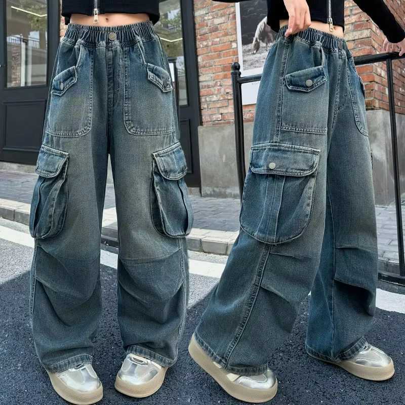 2025 Hot Sale Wide Leg Trousers Teenage Girls Jeans with Big Pocket Four Seasons High Waist Fashion Blue Cargo Denim PantsT250326