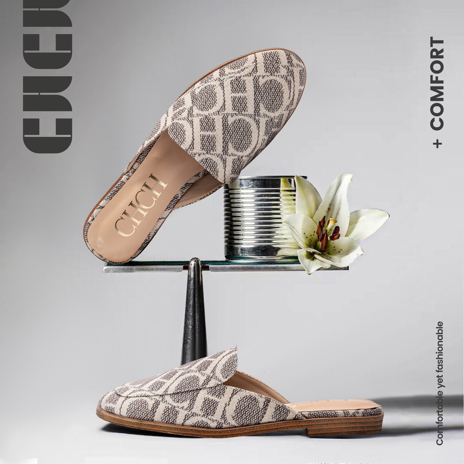 Designer CHCH Letter Printed Women's Fashionable Single Shoes With Simple Design, Versatile Outdoor Slippers, Comfortable