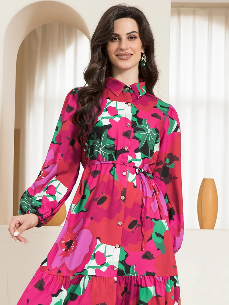 Sweetheart collar long sleeved button waistband polka dot printed rose pink long skirt 250317