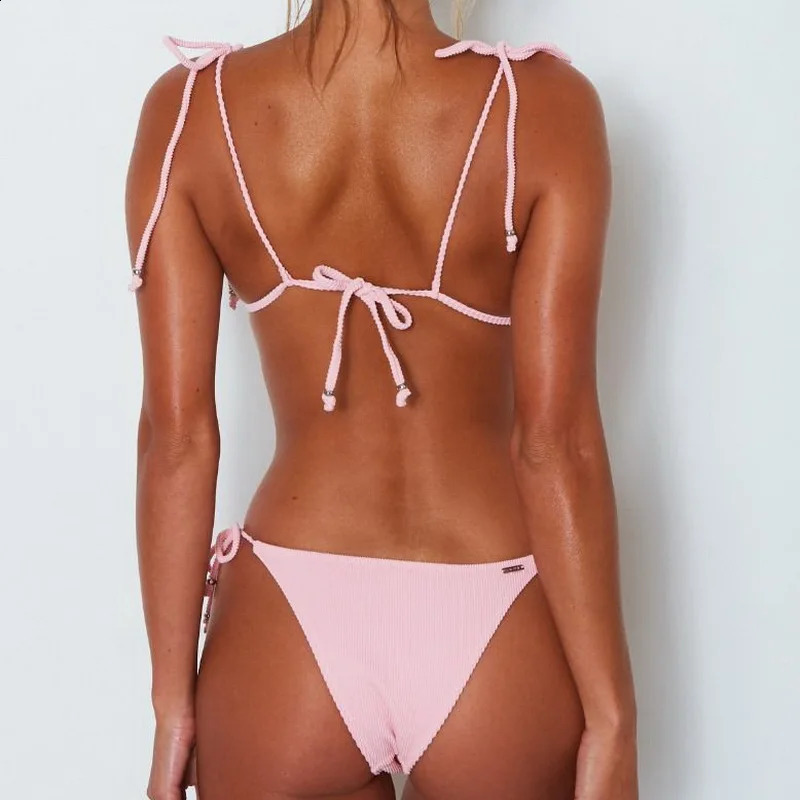 Women Bandeau Bikini Swimwear Pit Stripe Fabric Simple Solid Sexy Bathing Suit Bandage Pink/Yellow/Black/White/Red/Blue Swimsuit 250319
