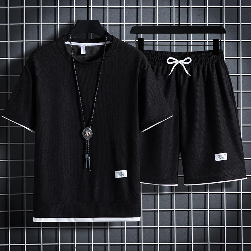 Summer mens waffle set casual Tshirt and shorts sportswear solid color loose size 3XL 250319