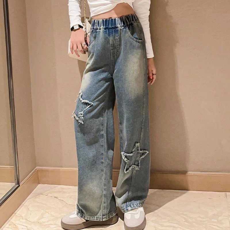 IENENS High Waist Jeans Girl Straight Loose Wide-leg Pants Spring and Autumn Korean Baggy Jeans Fashion Kids Denim TrousersT250326