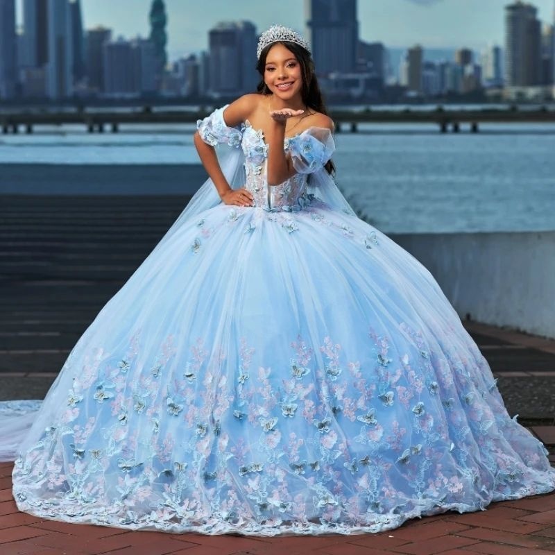 Sky Blue Quinceanera Dresses Gowns Ball With Cape Applique Bow Tull Corset Sweet 16 Dress Birthday Party Vestidos 15 De Anos