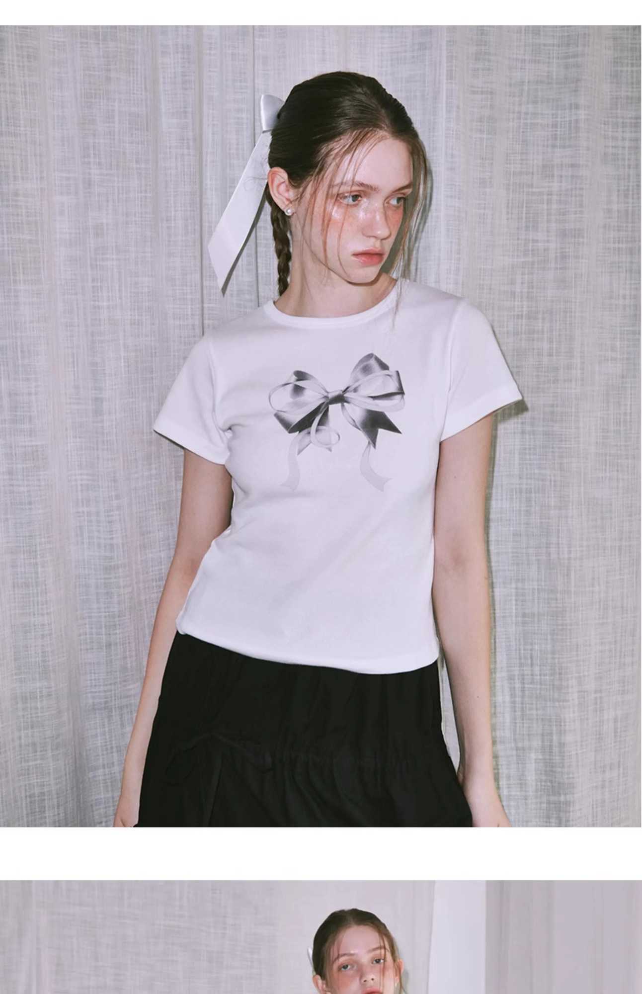 2024 Summer New Short sleeved T-shirt Bow Classic Cute Girl Clothing Graphic T-shirtT250320