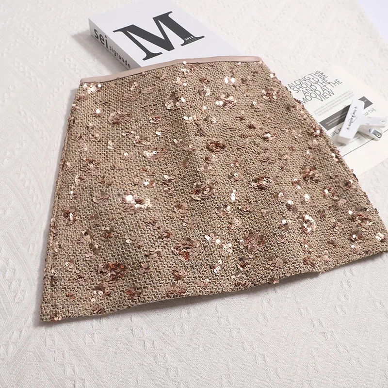 Women Sexy Sequined Mini Skirt High Waist Slim A-line Short Skirt Small Fragrant Wind Beads Flower Tweed Temperament 250320