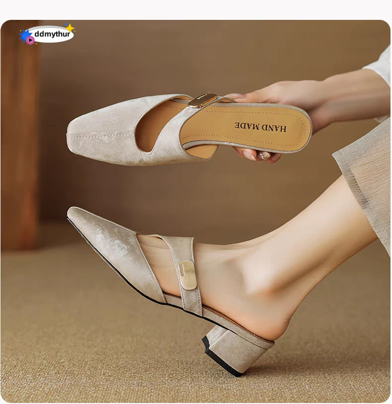 Chinese style Baotou Half Slippers for Women 2024 New Summer Square Headed One Step Thick Heel Sandals with Hollow Embroidered High Heels ddmythur