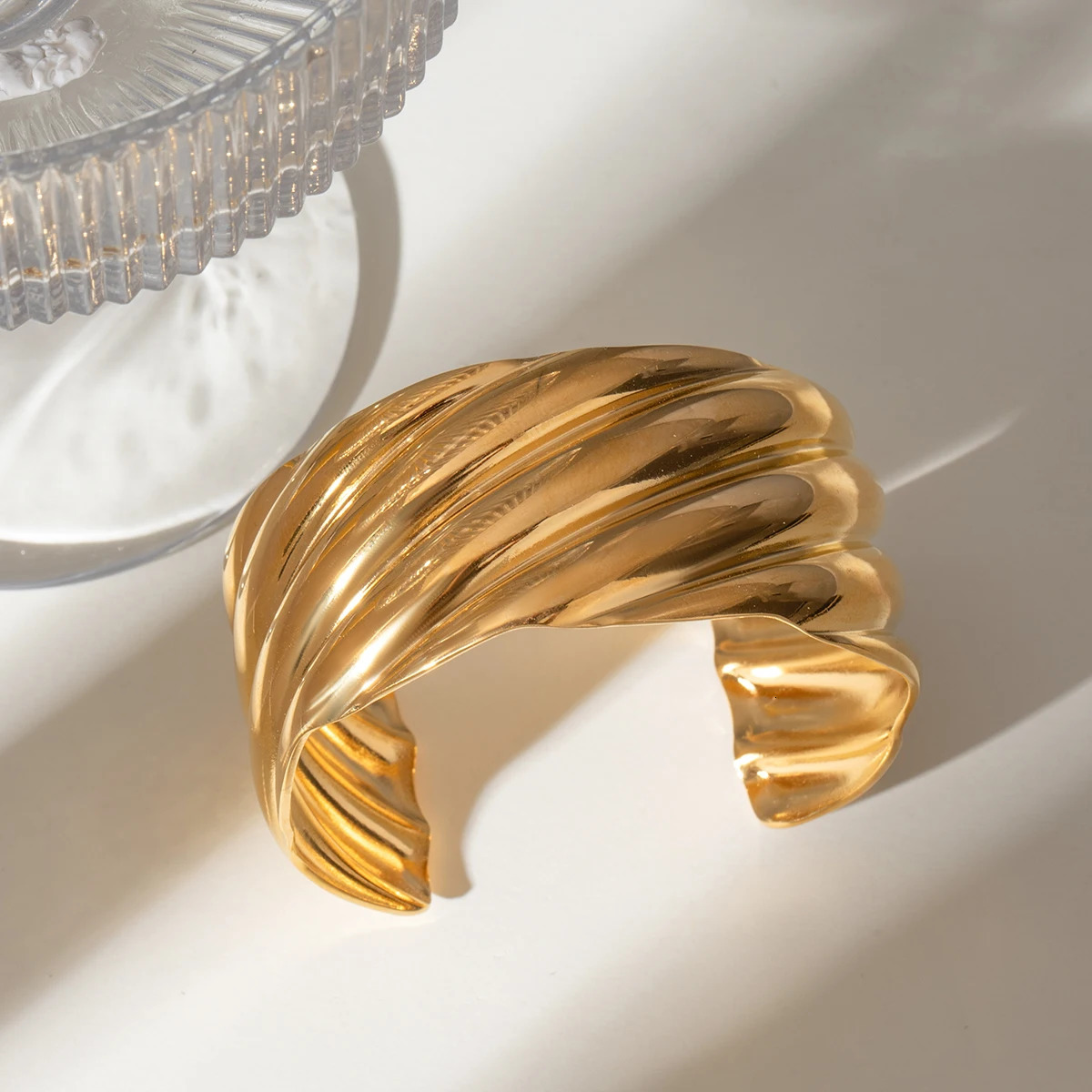 Exaggerated 18k Gold Plated Stainless Steel Corrugated Simple Open Bangle Cuff Bracelet Bijoux Femme Waterproof Jewelry 250320