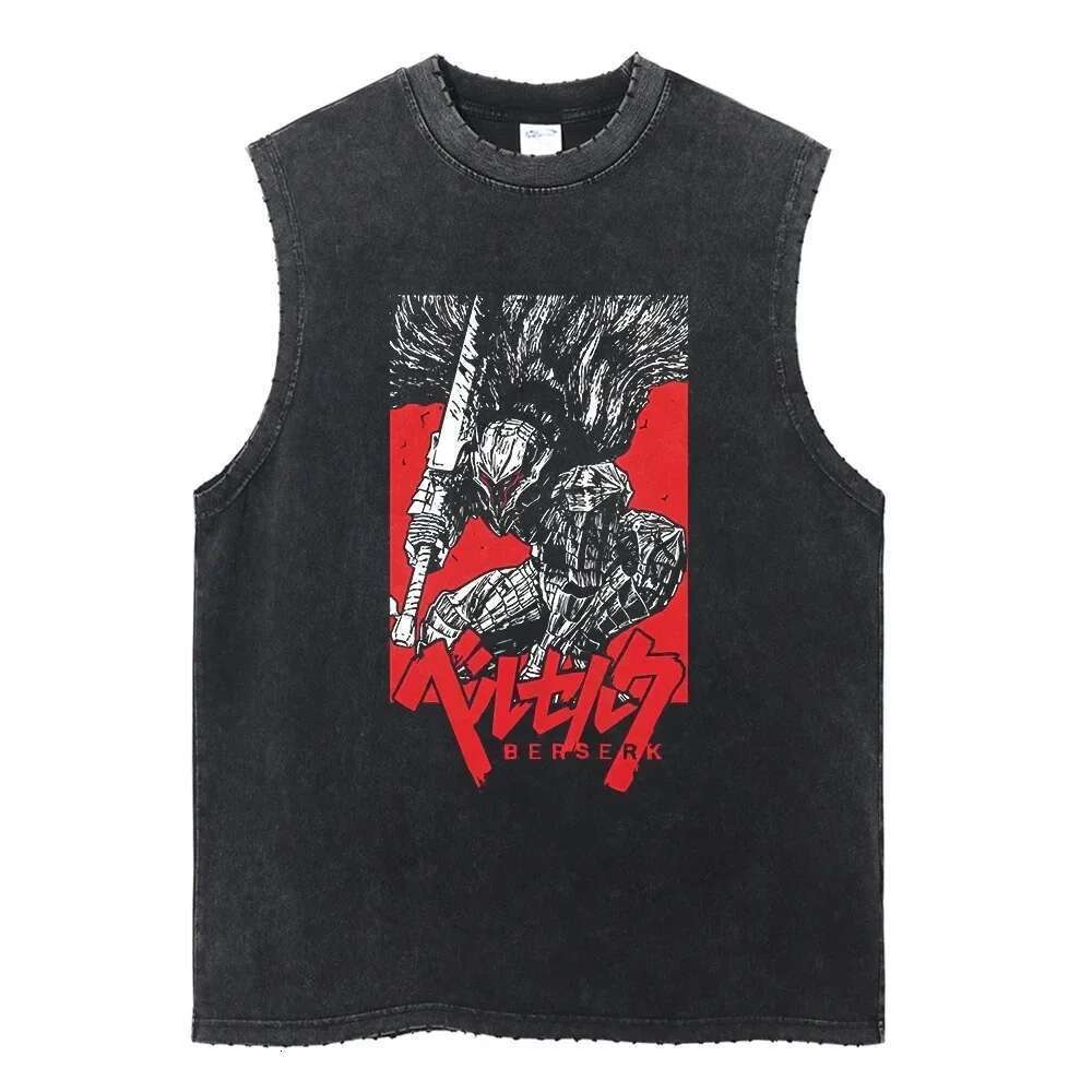 Harajuku street clothing washed anime printed vest fashionable torn casual vest men's summer sleeveless cotton retro vest unisex T-shirt